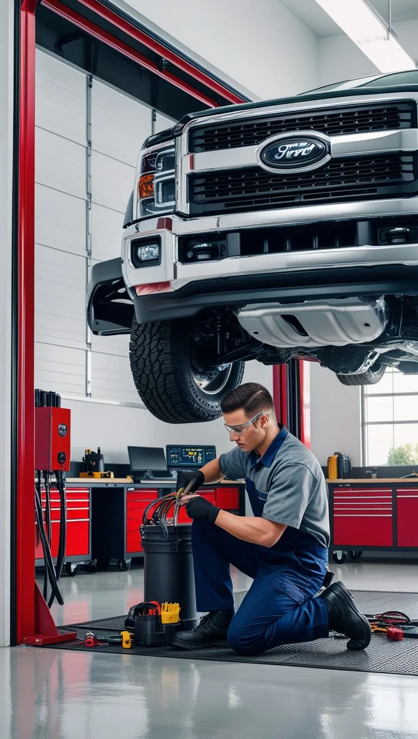 A mechanic repairing a heavy-duty truck inside a modern auto repair shop, with transmission diagnostic tools and clean service bays in the background