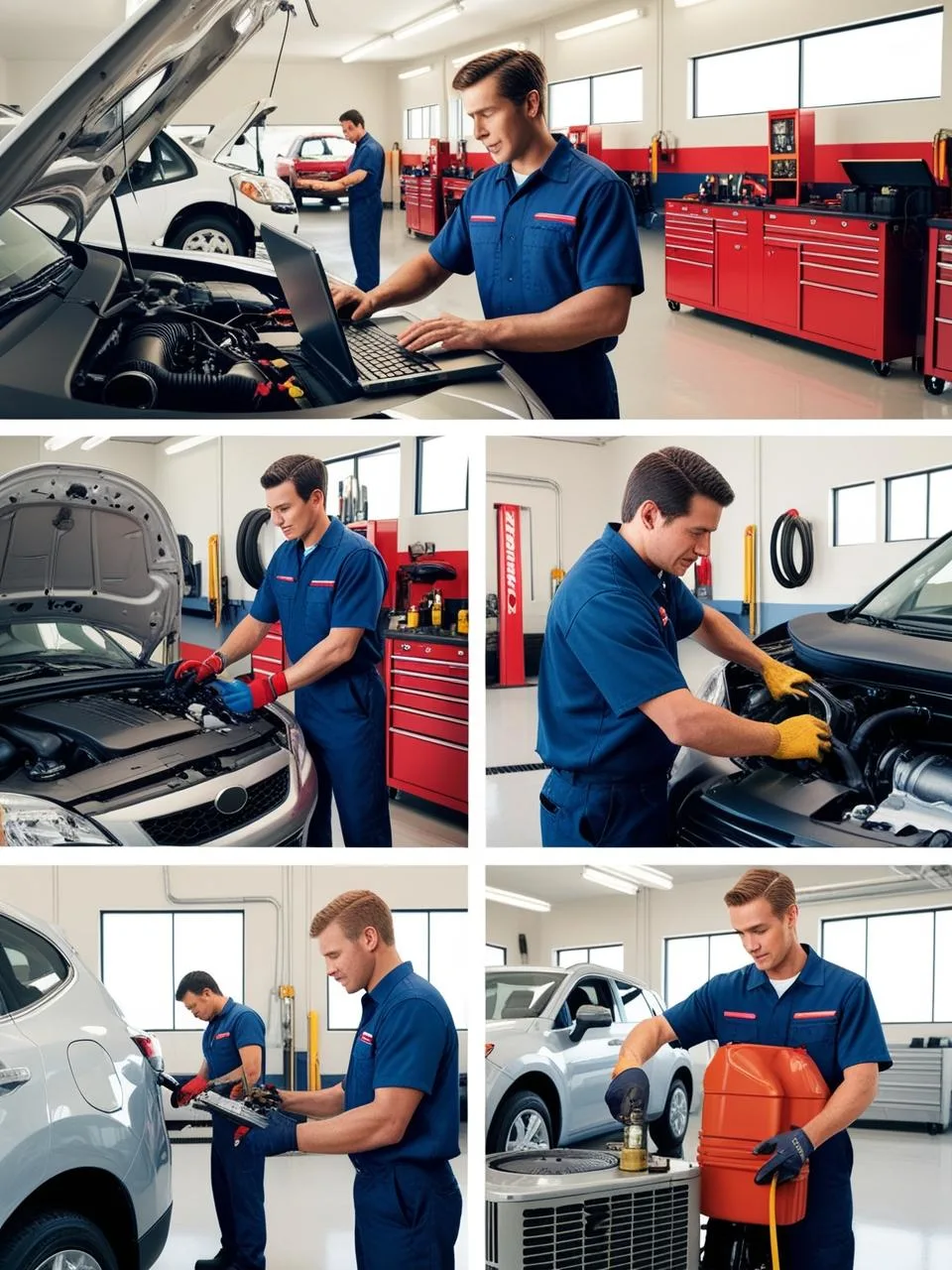 Busy auto repair shop with technicians working on engine diagnostics, oil changes, and brake repairs across several service bays in a clean, well-lit facility