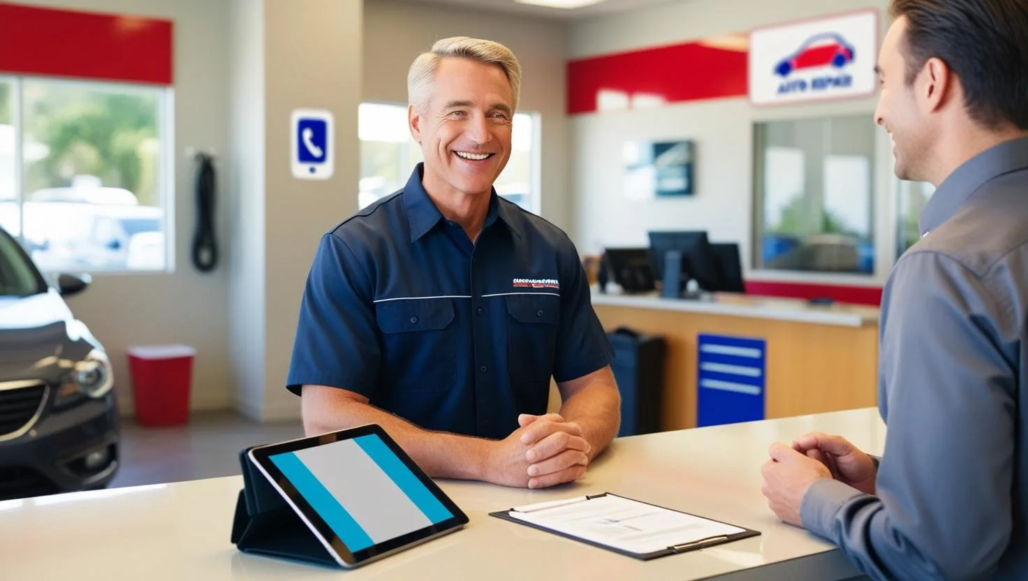 Customer at the front desk of an auto repair shop speaking with a friendly service advisor, highlighting trust, transparency, and personalized vehicle care