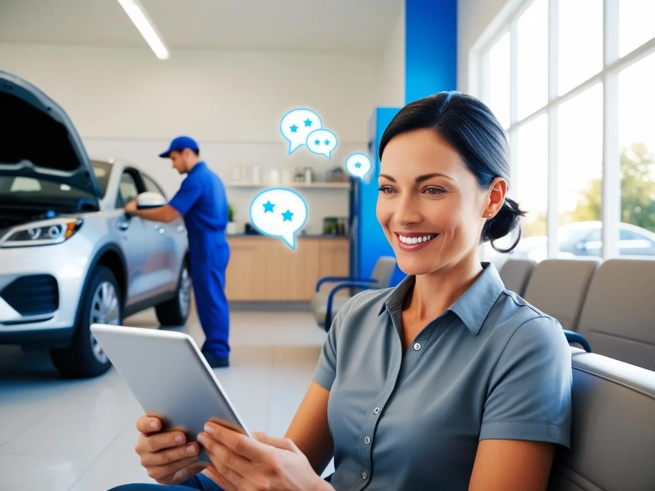 Customer reading online reviews on a tablet in a cozy auto repair shop waiting area, with symbols of trust and satisfaction highlighting the importance of honest feedback