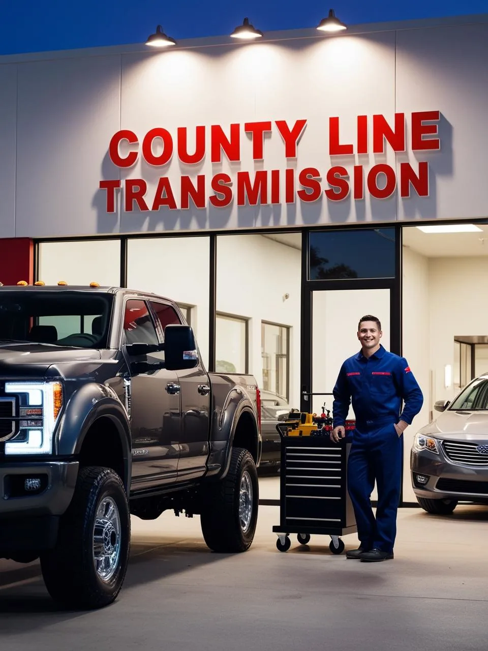 Exterior of County Line Transmission auto repair shop with a mechanic standing beside a heavy-duty truck and a sedan, showcasing a welcoming and professional environment