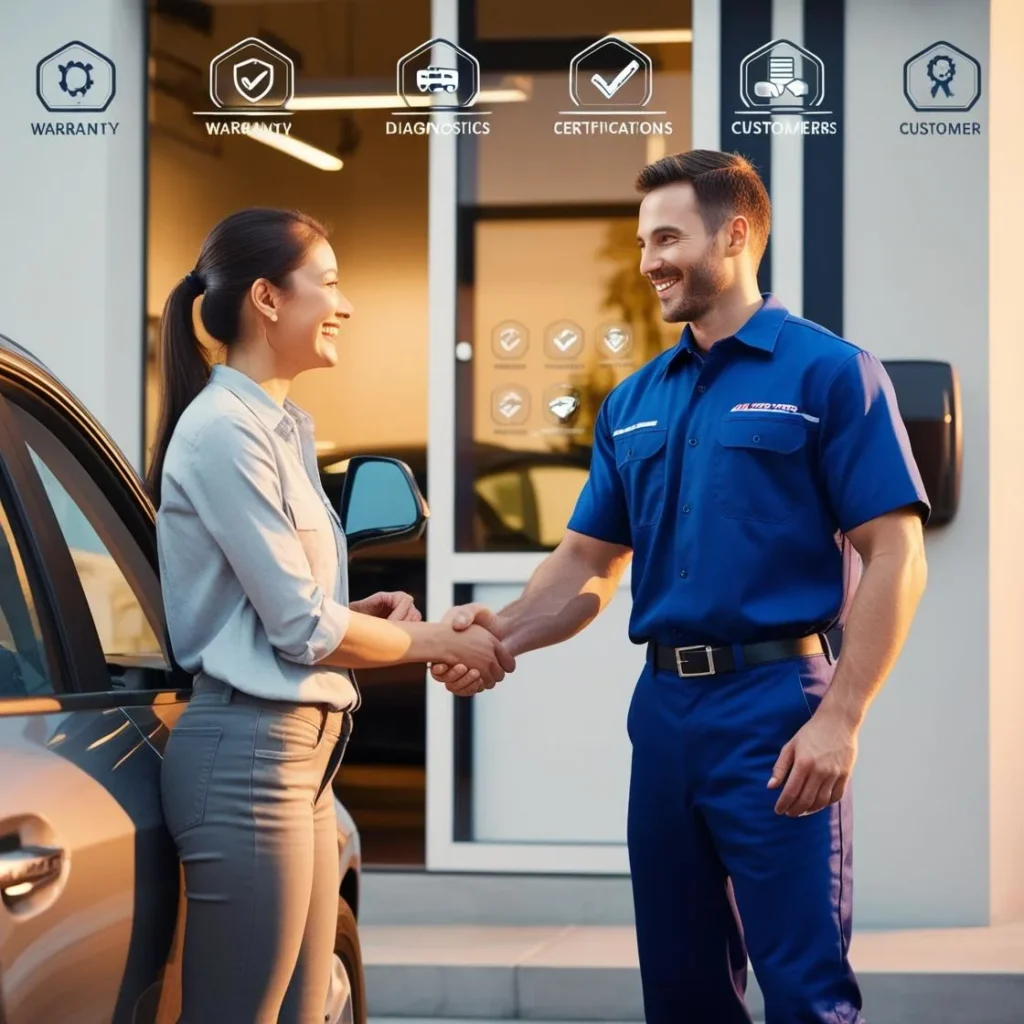 Mechanic and customer shaking hands in front of an auto repair shop, with visual elements symbolizing trust, warranty, and certified service