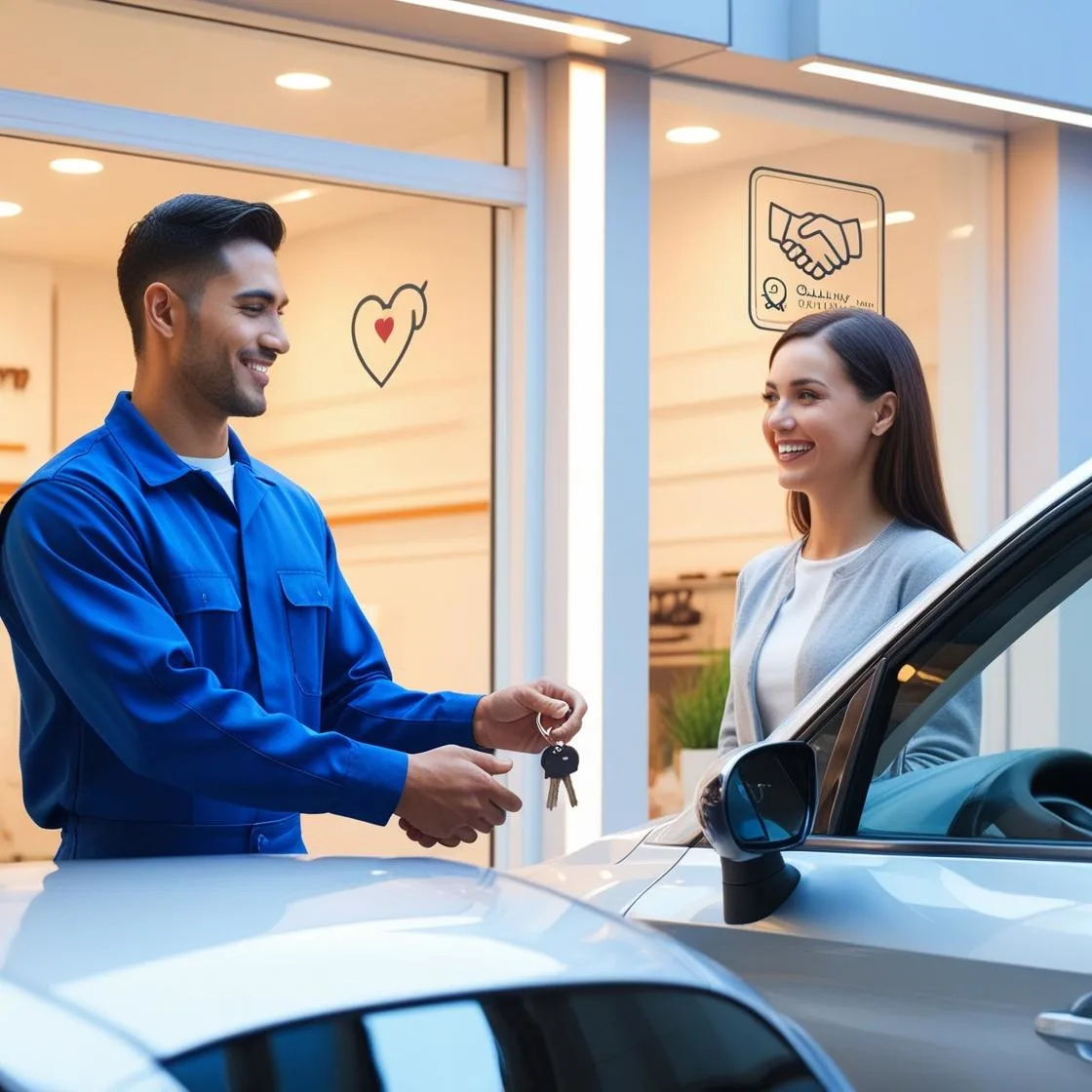 Mechanic handing car keys to a happy customer outside an auto repair shop, symbolizing trust, transparency, and commitment to quality service in the community