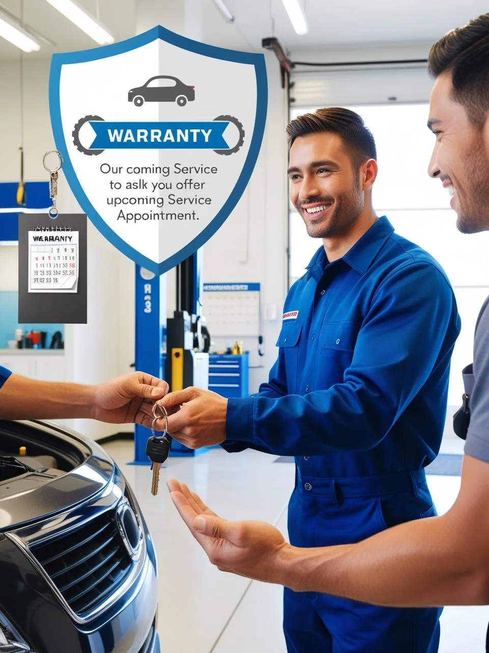 Mechanic handing car keys to a smiling customer in an auto repair shop, with visual cues like a shield icon and warranty certificate representing a 12-month12,000-mile repair guarantee