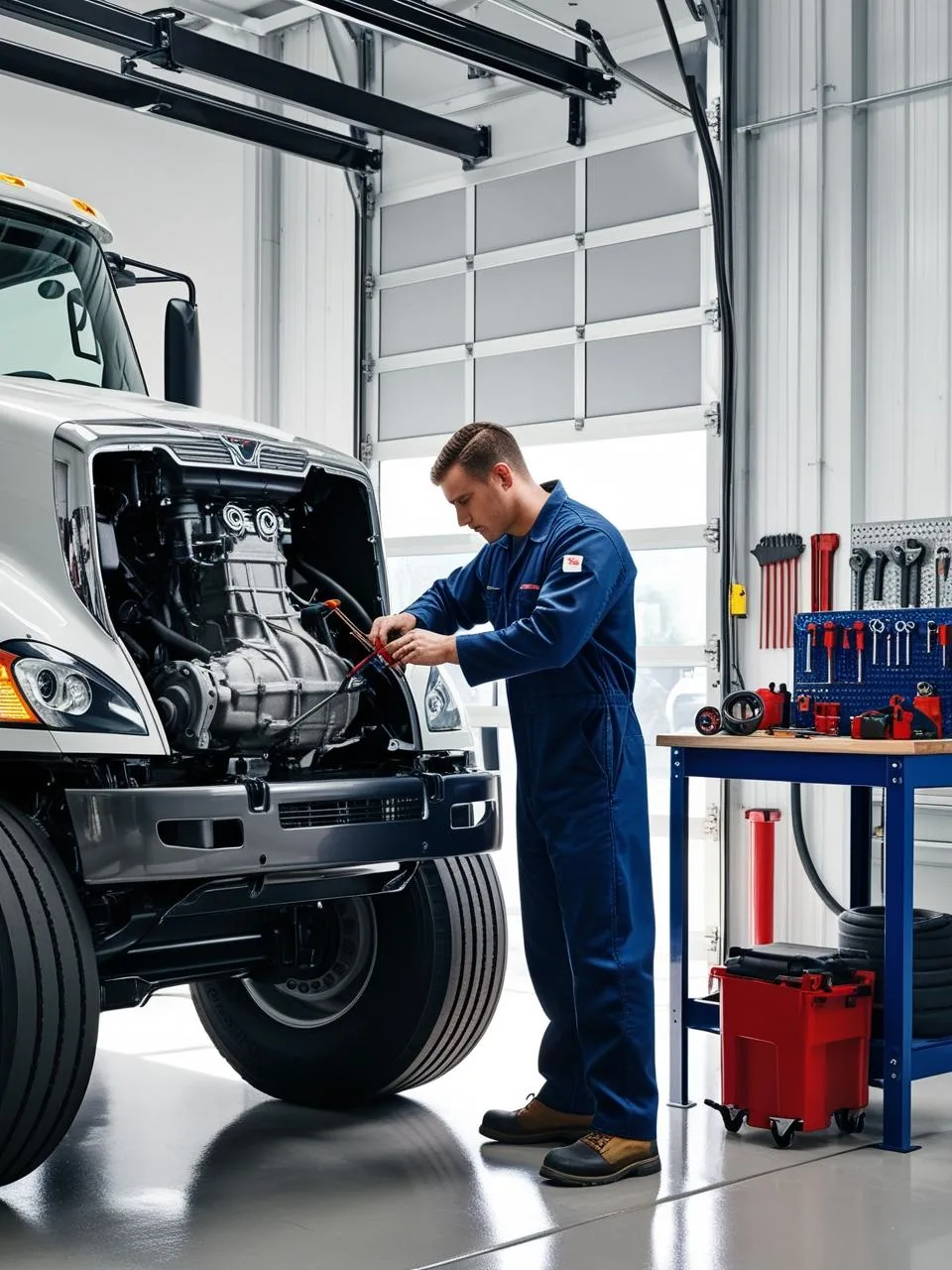 Mechanic inspecting the transmission of a lifted heavy-duty truck inside a commercial repair shop, with diagnostic tools and a clean, professional workspace
