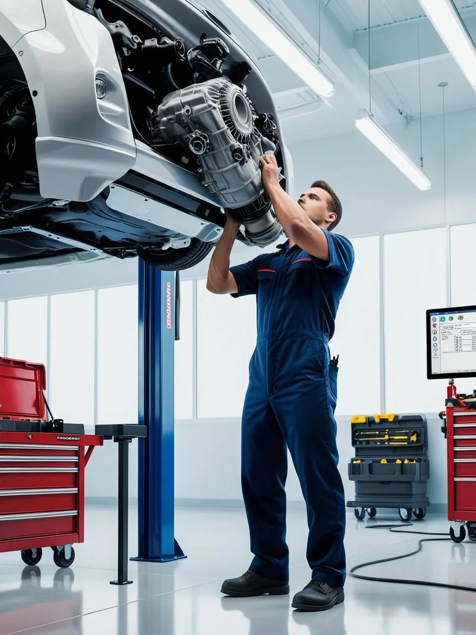 Mechanic performing a transmission rebuild inside a clean, well-lit auto repair shop with diagnostic tools and a vehicle lift in the background