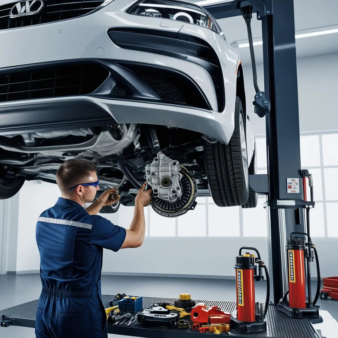 Mechanic servicing a car’s transmission and clutch system on a lift inside a modern auto repair shop, with tools and diagnostic equipment in view