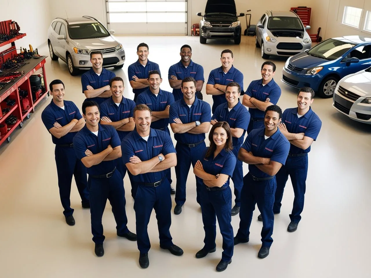 Professional team of auto repair specialists standing in a clean, modern garage, smiling and ready to help, with tools and vehicles in the background highlighting their expertise