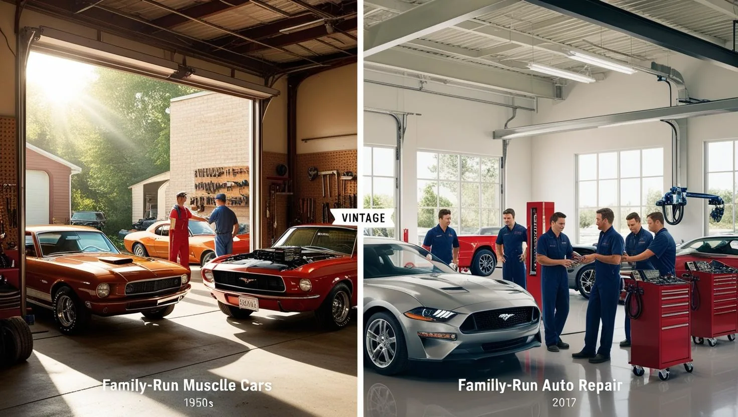 Side-by-side view of County Line Transmission’s evolution from a vintage garage with classic cars to a modern auto repair shop with advanced tools, highlighting decades of trusted service
