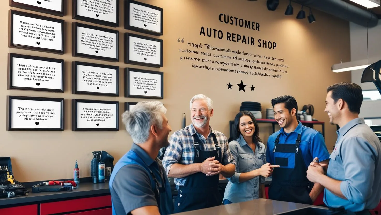 Testimonial wall at an auto repair shop featuring framed customer quotes, with happy clients and mechanics in the background reflecting trust and community support